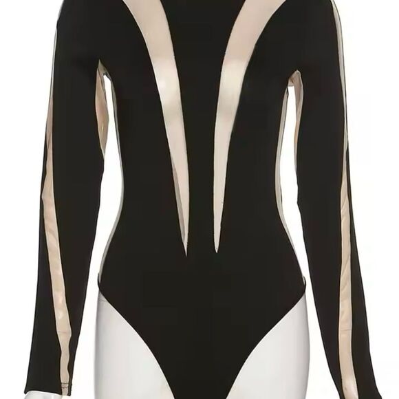 Black stretch bodysuit with mesh inserts - Picture 1 of 3